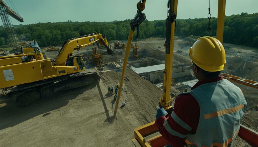 Crane operator with hard hat and safety vest, operating a crane from the cab.