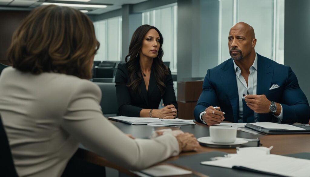 Dany Garcia and Dwayne Johnson in a business meeting