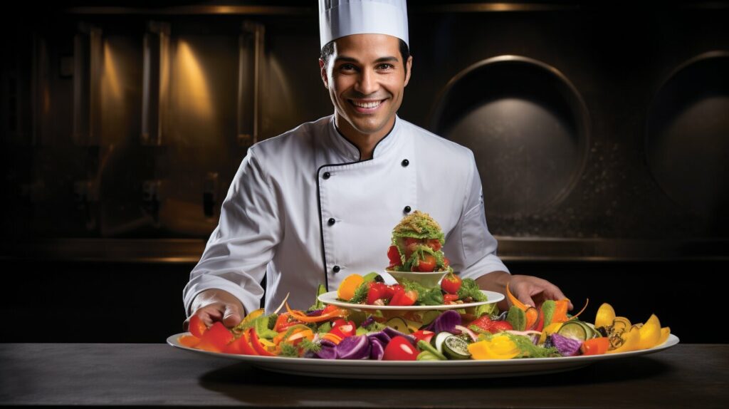 Top chef holding a plate of food